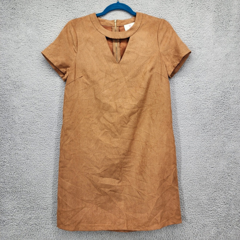 Julie Brown NYC Faux Suede Choker Neck V-Cutout Shift‎ Dress Brown Womens 4